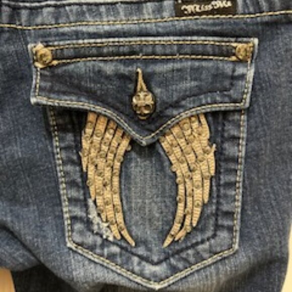 RARE MISS ME JEANS; LOW RISE  BOOTCUT EMBELLISHED SEQUIN SPLIT  WINGS  POCKETS - Picture 15 of 16